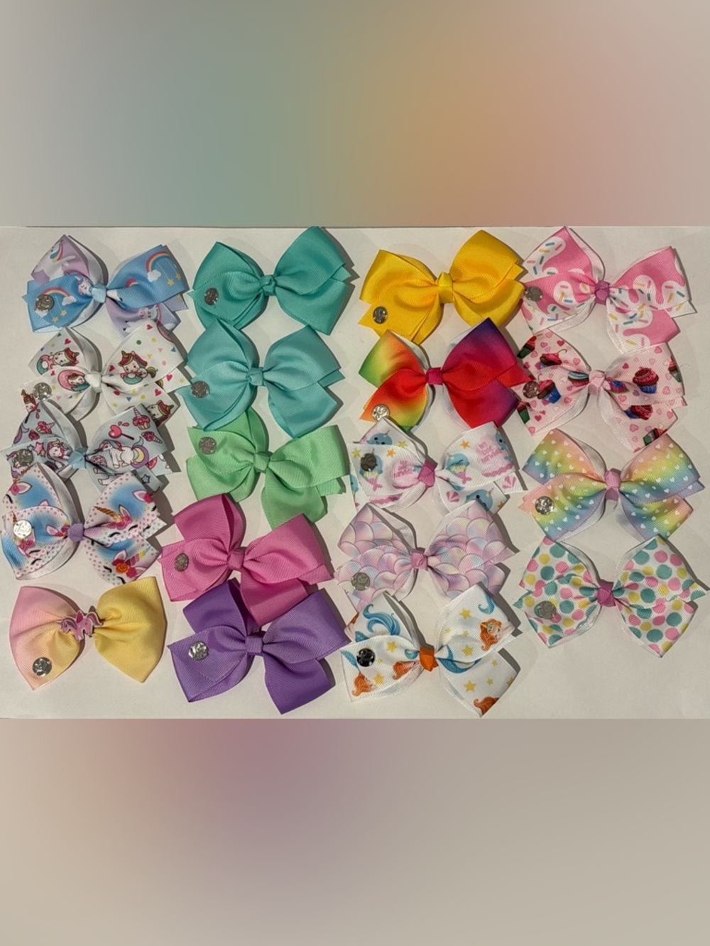 JoJo Siwa Hair Bow Set (19), Unicorns, Mermaids, Cupcakes, Rainbow designs